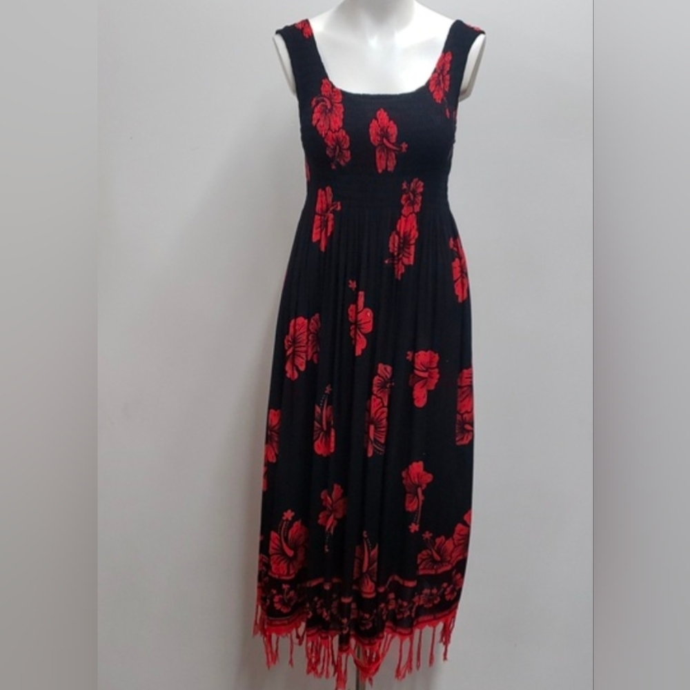 Bali Chic Hawaiian Dress Women's Size Small Black Red Fringed Hem